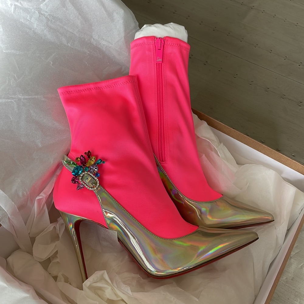 Christian louboutin Jessie booty 100mm stiletto boot barbie fluo neon sz 37.5 - Picture 7 of 13